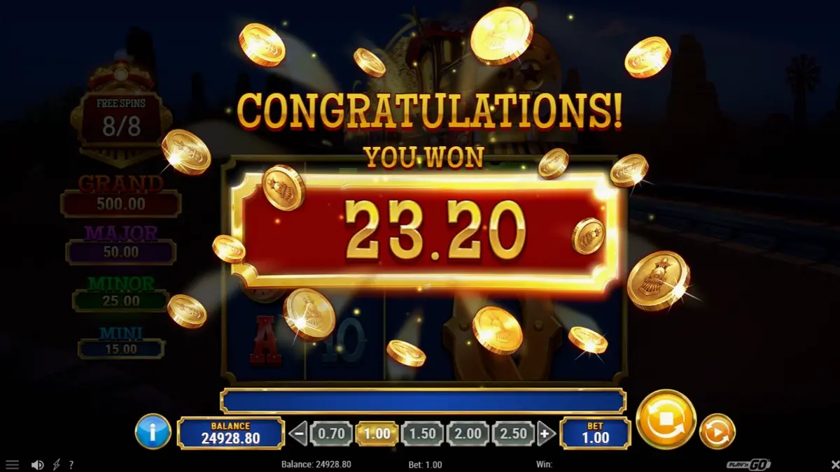 Pemandangan kereta uap klasik di padang gurun dalam slot Track’n Gold