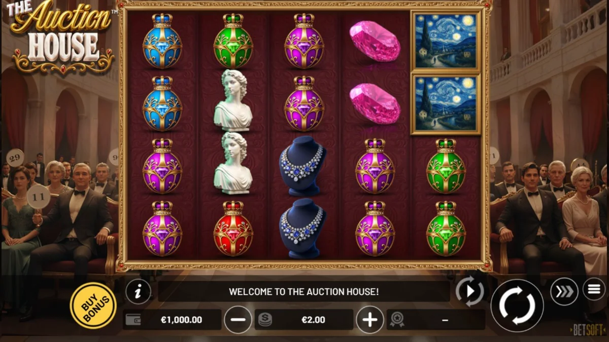 Tampilan visual mewah dari slot The Auction House dengan simbol permata dan barang antik.